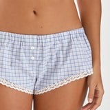 Light blue checkered boxer briefs with lace trim worn by a person on a white background
