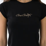 Black t-shirt with Coucou text on a white background