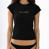 Woman wearing a black t-shirt and underwear set with a brand logo on a white background