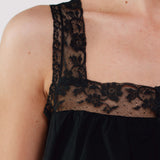 Black lace dress close up on a plain background