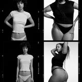 Black and white grid of a woman wearing different outfits.