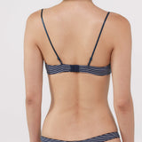 Rear view of a model wearing a navy blue and white striped bra and thong against a light gray background.