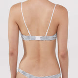 Rear view of a model wearing a bra and thong with thin navy and white horizontal stripes.