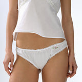 White lace underwear worn by a person on a plain background