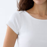 Close-up of a woman wearing a white short-sleeve ribbed top with delicate scalloped lace trim at the sleeve hems, set against a plain white background.